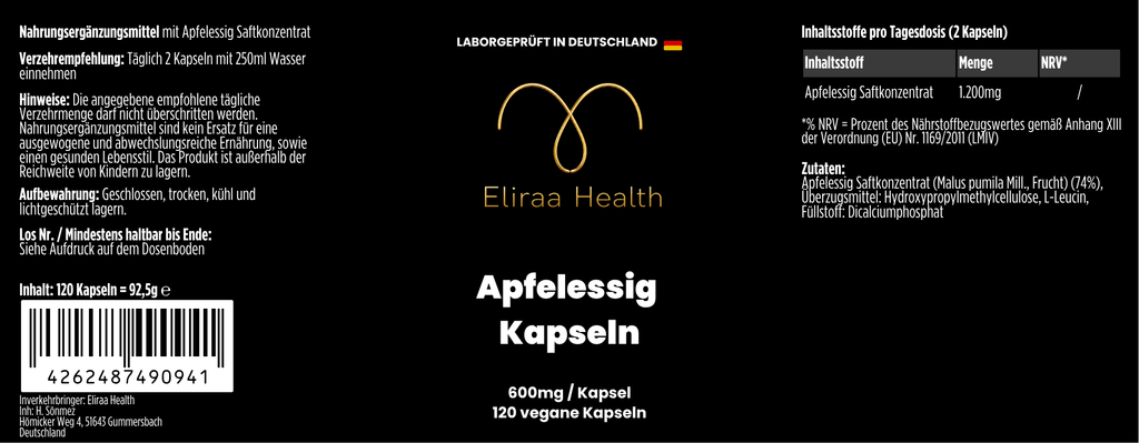 Apfelessig Extrakt Kapseln (600mg je Kapsel) - 120 vegane Kapseln