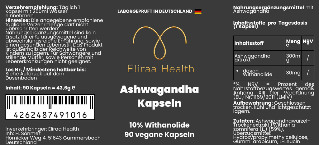 Hochdosierte Ashwagandha (10% Withanolide) - 90 vegane Kapseln