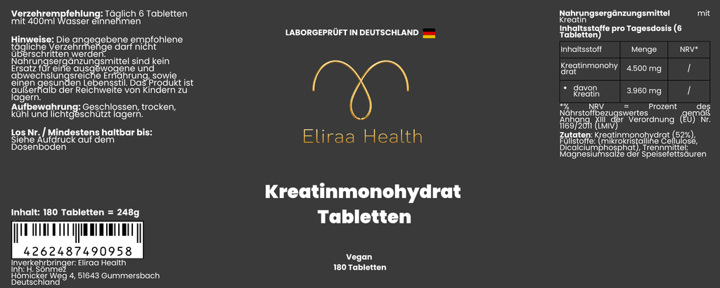 Kreatin Monohydrat - 180 vegane Tabletten