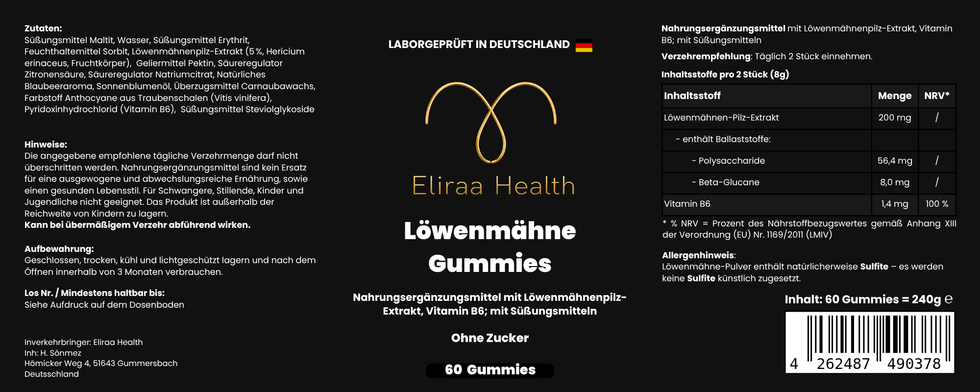 Löwenmähne + Vitamin B6 Gummies - 60 Stk.